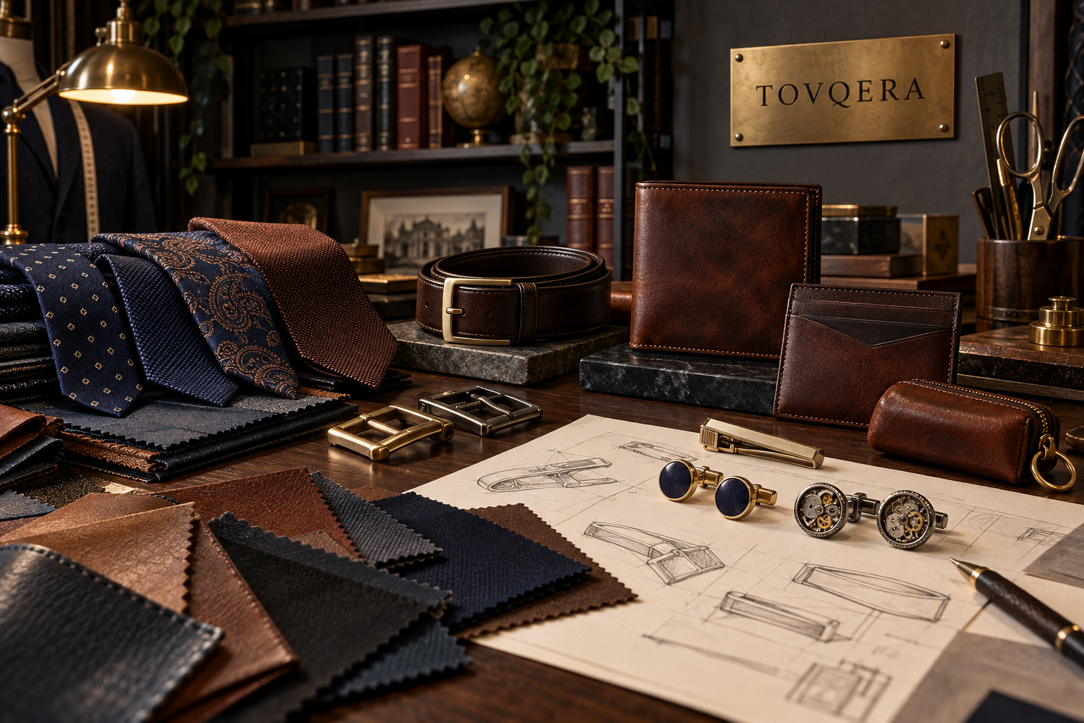 Tovqera mens accessories atelier with leather swatches, wallet, belt, silk ties, tie clip, cufflinks and design sketches